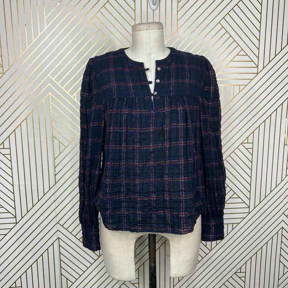 Rebecca Taylor La Vie Lurex Plaid Top Navy Blue Gauze Long Sleeve Size XS - Picture 1 of 11